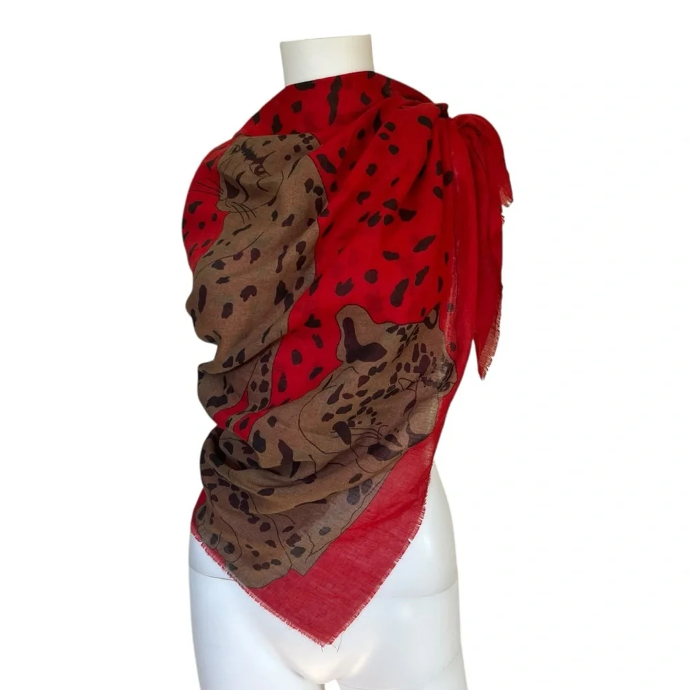 Vintage Large Square Scarf Red Cheetah Print Maximalist Colorful Raw Hem